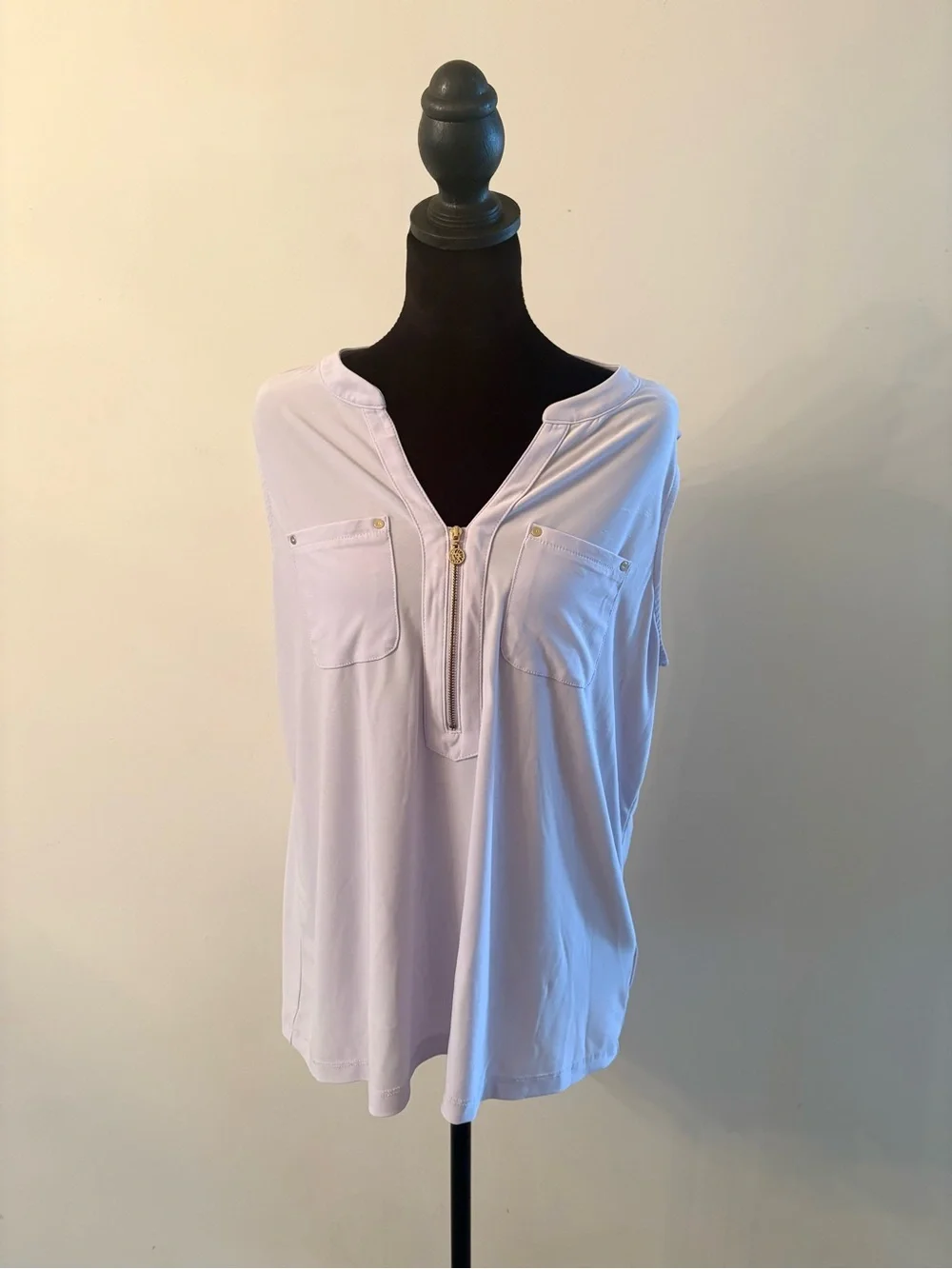 Anne Klein Lavender Sleeveless Zip & Pocket Blouse Boho Preppy Designer Layering